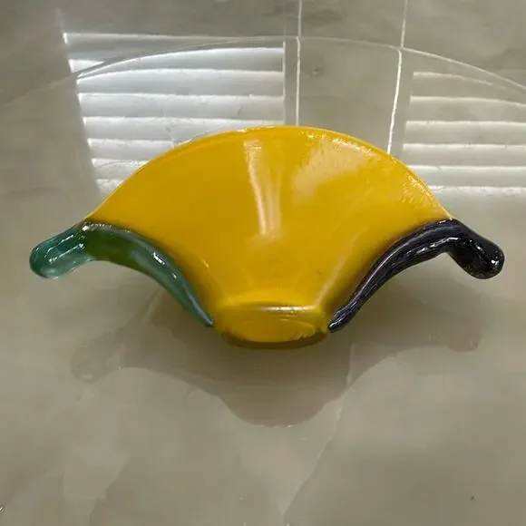 Handmade Blown Glass Vase Candy Bowl Yellow Iridescent